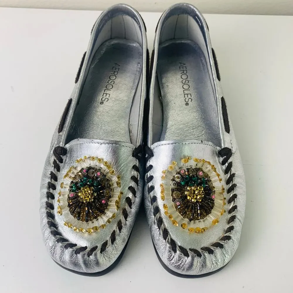 Aerosoles Jamboline Silver Leather Beaded Loafers Womens 6B Comfort Flats